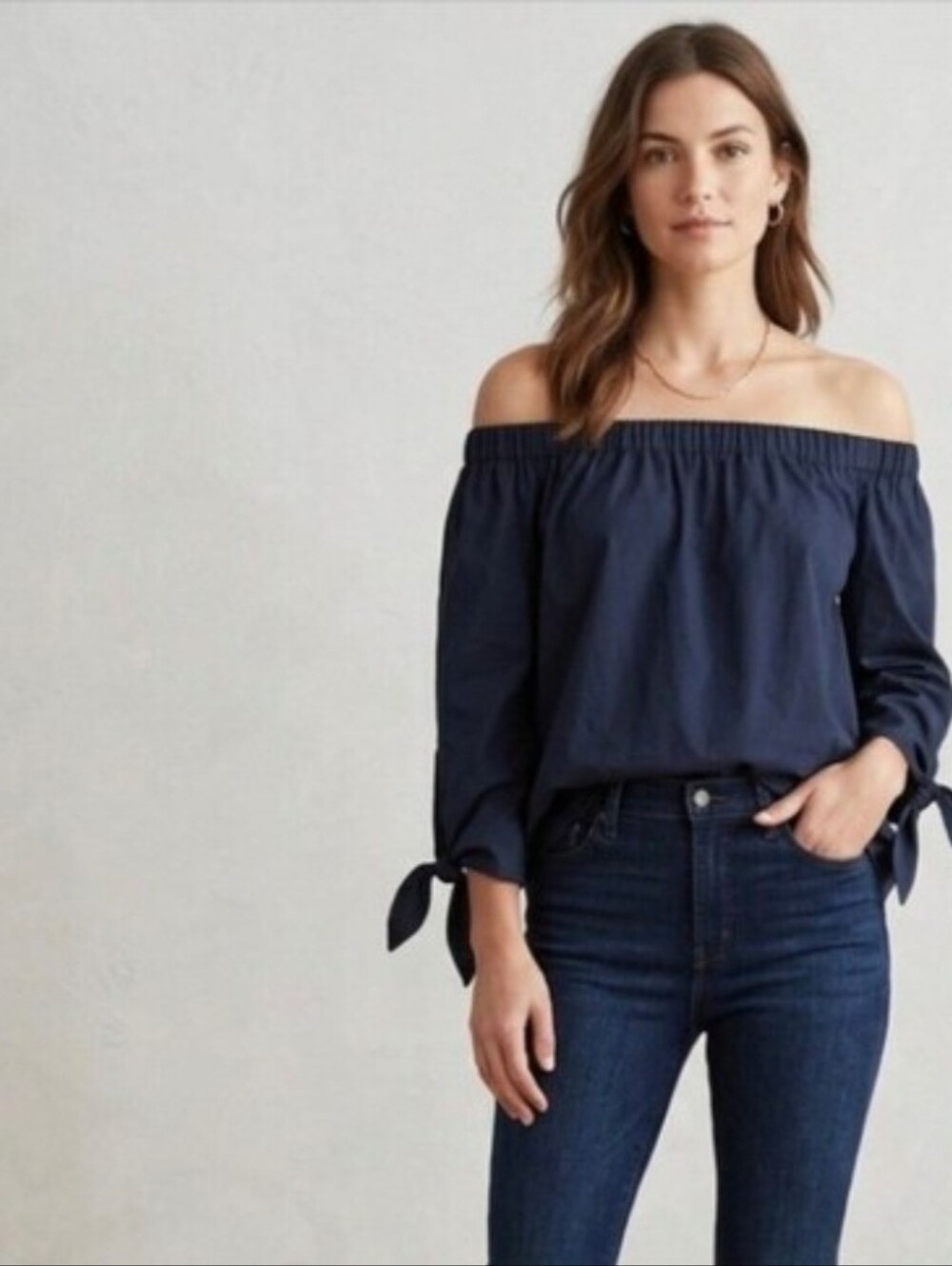 Free People Women Top Off-the-Shoulder Navy Tie-Cuff Blouse Size Medium